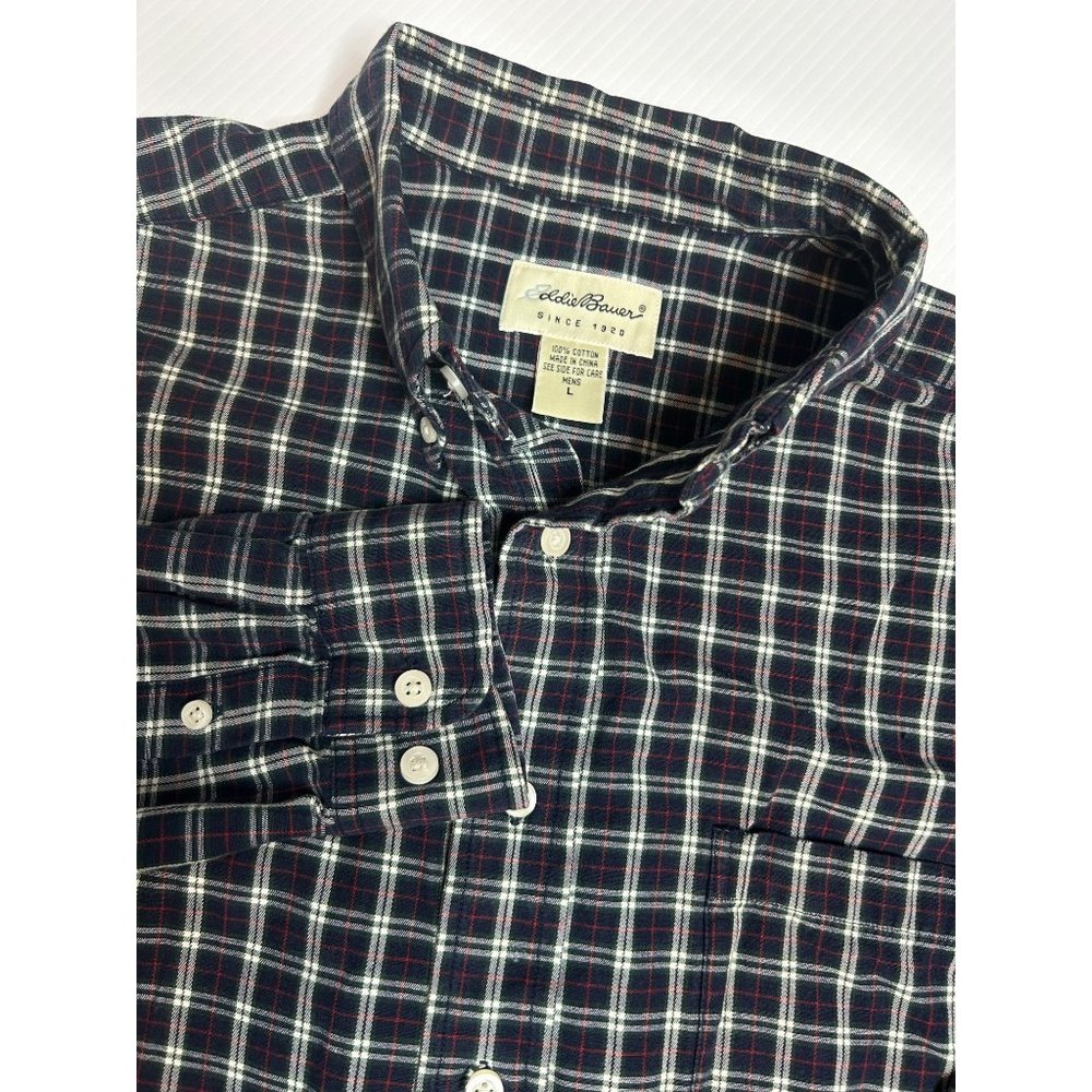 Eddie Bauer Men's Large Long Sleeve Button Down‎ Blue Plaid Shirt